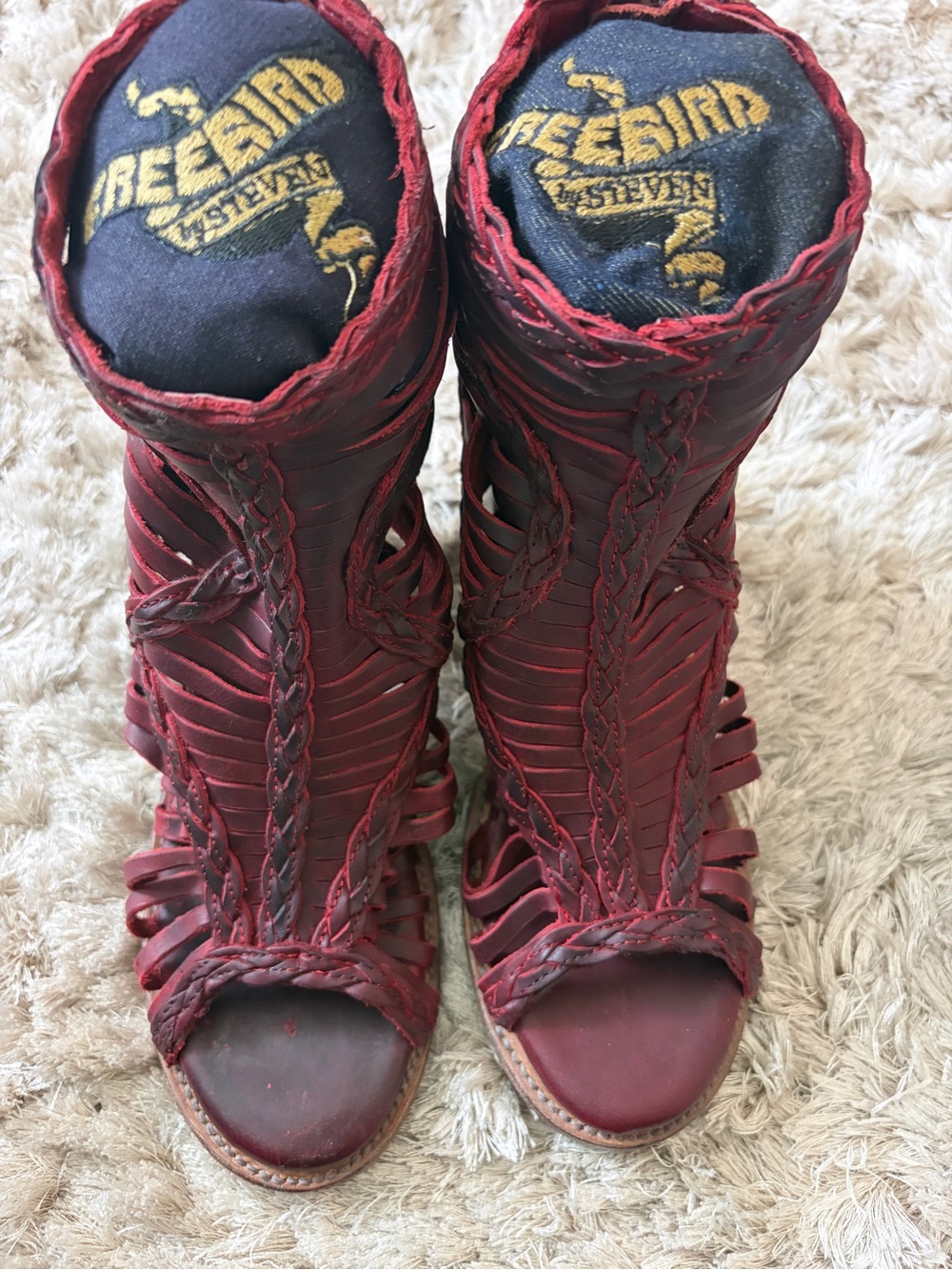 Freebird by Steven Red-Brown Braided Leather Ankle Boots - Picture 6 of 11